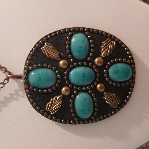 Antique Bohemian Pendant with Blue Beads Gold Tone Accents and Chain Necklace - Picture 2 of 4